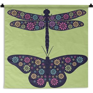 Wandkleed Libelle illustratie - Een illustratie van een libelle en een vlinder Wandkleed katoen 90x90 cm - Wandtapijt met foto