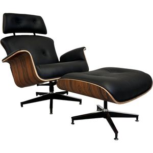 Lounge Chair XL + Hocker - Zwart - Italiaans Leder - Palissander - Premium - Meubi - Fauteuil - Set
