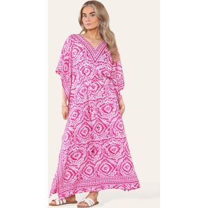 Lange bohemian kaftan jurk Suzette fuchsia wit roze V-hals one size M-XXL