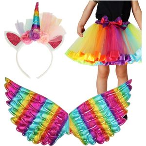 Unicorn Kostuum - Eenhoorn Verkleedkleding - Regenboog Tule Rok - Diadeem met Hoorn en Tule - Rainbow Vleugels - Ideaal voor Carnaval
