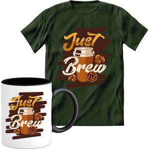 T-Shirtknaller T-Shirt met Koffiemok | Just Brew - Koffie Kleding | Heren / Dames Shirt met Mok Cadeau | Kleur groen | Maat L