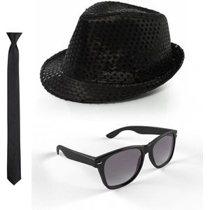 Toppers - Folat - Verkleedkleding set - Glitter hoed/stropdas/party bril zwart