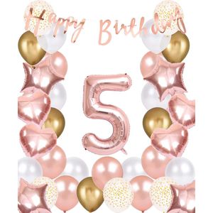 Snoes Ballonnen 5 Jaar Rose Gold White Dots - Compleet Feestpakket met cijfer ballon 5 Jaar - Verjaardag Versiering Slinger Happy Birthday – Folieballon – Latex Ballonnen - Helium Ballonnen - Rose Feestpakket