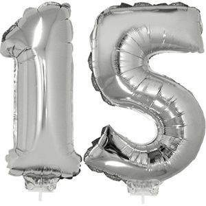 15 jaar leeftijd feestartikelen/versiering cijfers ballonnen op stokje van 41 cm - Combi van cijfer 15 in het zilver