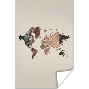 Poster Wereldkaart - Hout - Boom - 20x30 cm