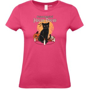 Dames T-shirt Hocus Pocus met kat | Halloween Kostuum Volwassenen | Horror Shirt | Gothic Shirt | Fuchsia dames | maat XL