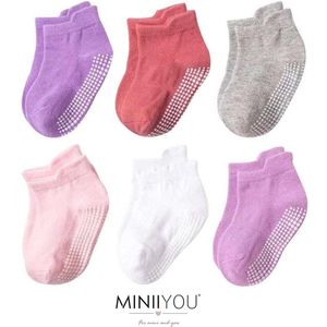 6 Paar - Antislip Sokken Kind Baby - 1-3 jaar - Paars Roze - Enkelsokken