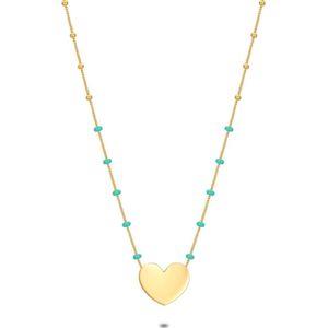 Twice As Nice Halsketting in 18kt verguld zilver, hart met goudkleurige bolletjes, turquoise email 39 cm+5 cm