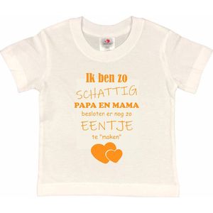 Shirt Aankondiging zwangerschap Ik ben zo schattig papa en mama besloten er nog zo eentje te ""maken"" | korte mouw | wit/mosterd | maat 110/116 zwangerschap aankondiging bekendmaking