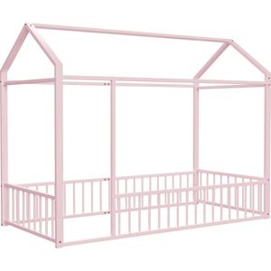 Merax Kinderbed 90 x 200 cm - Metalen Bed - Huisbed met Uitvalbeveiliging - Roze