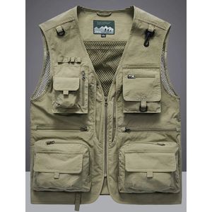 Ademend Nylon Cargo Vest voor Buiten - Herenrits Sportjasje met Meerdere Zakken Voor Zomer Buiten Activiteit - Khaki - XL (52)