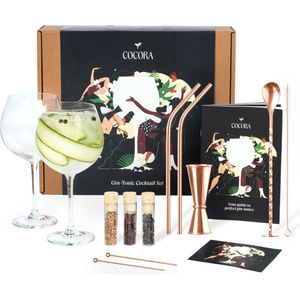 Cocora Gin Tonic Geschenkset - 12-delige RVS Cocktail Set - Tritan® Kristalglazen - Cocktail Boek - Luxe Cadeauverpakking - Rosé Goud