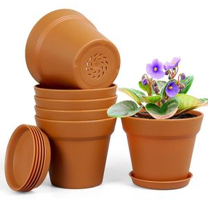 By Shayne ® Set van 6 Stijlvolle Kunststof Bloempotten met Onderzetters voor Binnen en Buiten