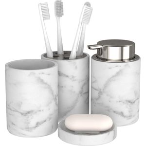 Badkamerset 4-delig. met tandenborstelbeker, tandenborstelhouder, zeepschaal en zeepdispenser - badkameraccessoires set met mooie accessoires in marmerlook (wit met zilver)