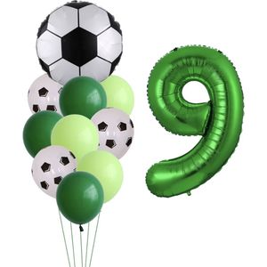 Ballonnen Voetbal - 9 Jaar - Themafeest Voetbal - Kinder Verjaardag Versiering Voetbal - Voetbalfans - Feestversiering / Feestpakket - 11 stuks - Ballonnen Set - Thema Verjaardag Voetbal -Groene / Witte ballon - Helium ballon - Happy Birthday