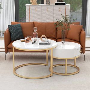 Moderne salontafel set van 2 voor woonkamer balkon kantoor - ronde hout accent salontafels met lade- Goud stevig metalen frame - eenvoudige montage - marmer wit 70cm en& 50cm