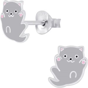 Joy|S - Zilveren kat poes oorbellen - 8 mm - kitten grijs
