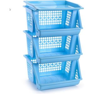 1x Blauwe opberg kratten/kasten/organizers 3 vakken 62 x 32 cm - Stapelbare manden/bakken om spullen in op te bergen