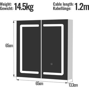 Aquamarin Spiegelkast met LED Verlichting - 65 x 65 x 13,3 cm - 2 spiegel deuren - met Touch- Medicijnkast - Dimbaar - MDF