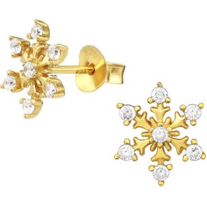Joy|S - Zilveren sneeuwvlokje oorbellen - 10 mm - zirkonia - oorknoppen - 14k goudplating