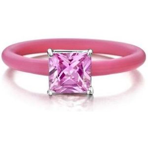 Colori 4 RNG00026 Siliconen Ring met Steen - Vierkant Zirkonia 8x8 mm - One-Size - Roze