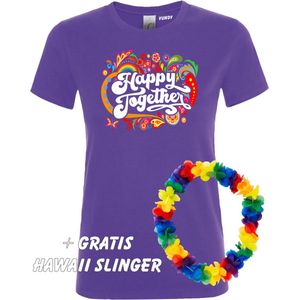 Dames T-shirt Happy Together Print | Love for all | Gay Pride | Regenboog LHBTI | Paars dames | maat XL