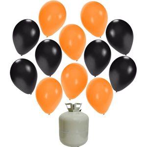 Halloween 50x Helium ballonnen 27 cm zwart/oranje + helium tank/cilinder - Halloween/thema versiering