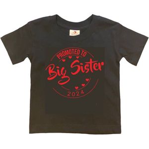 Shirt Aankondiging zwangerschap Promoted to Big Sister 2024 | korte mouw | Zwart/rood | maat 86/92 zwangerschap aankondiging bekendmaking Baby big sis sister Grote Zus