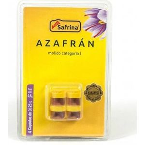 Gemalen saffraan.AZAFRAN MOLIDO  4 capsules van 0,125 gram per stuk in blisterverpakking. Total 0,5 gram