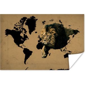 Poster - Wereldkaart - Bruin - Leeuw - 120x80 cm