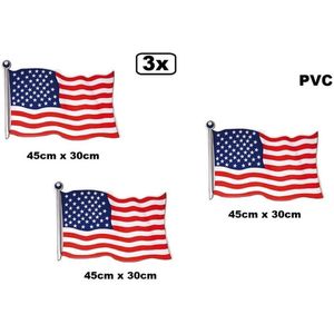 3x Wand decoratie vlag USA 45cm x 30cm PVC - Wand deco muur versiering thema feest landen Amerika