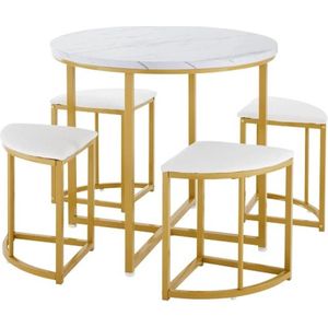 Amalee - Ronde eettafel - Met 4 krukjes - 80 cm diameter - Marmerlook - Goud met wit - Stoelen makkelijk op te bergen - Voor kleine ruimtes