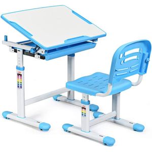 MKSS® Kinderbureau met Bureaustoel - Kindertafel voor Jongen en Meisje - Tekentafel met Stoeltjes - Verstelbaar - Licht Blauw met Wit