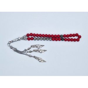 Handgemaakte naam tasbih 33 Kralen Natuursteen “ Bloedkoraal” - met metaal tassel “Palestina""- Met je naam of de naam van uw geliefde- 8 mm diameter van de korrel