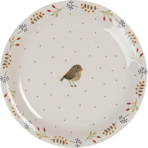 Clayre & Eef Ontbijtbord Ø 20 cm Beige Bruin Keramiek Rond Vogel Bord Eetbord Gebaksbordje