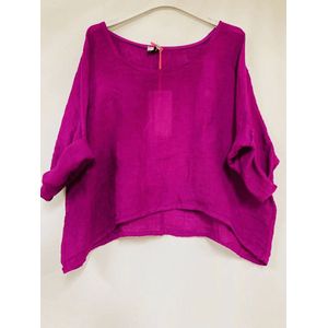 Luchtige linnen korte - crop top - ronde hals - raglan mouwen kleur Fuchsia- one size