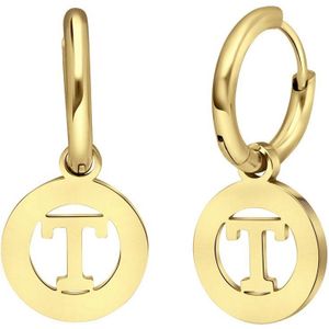 Lucardi Dames Goldplated oorbellen met letter - T - Oorbellen - Cadeau - Staal - Goudkleurig