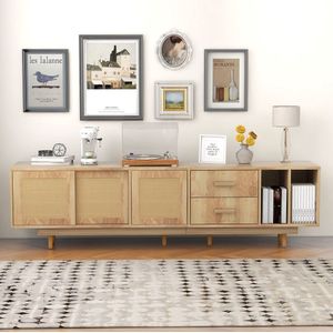 Sweiko Rotan TV kast voor 80 inch, rustieke TV console tafel, modern entertainment center, media console (Natural Oak)