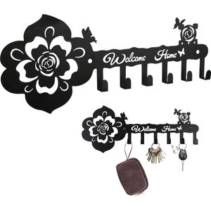 Sleutelhaken Welcome Home Metalen sleutelhouder, sleutelhouder, zwart, 6 haken, decoratieve roos sleutelhouder, sleutelhouder, wandhaak, sleutelrekorganisator voor entree, hal, 12 x 28 cm