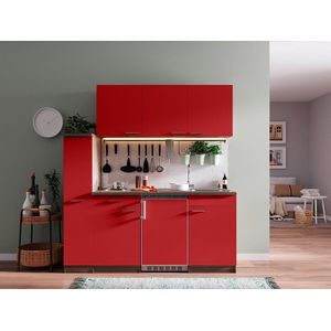 Goedkope keuken 180  cm - complete kleine keuken met apparatuur Oliver - Donker eiken/Rood - elektrische kookplaat  - koelkast  - mini keuken - compacte keuken - keukenblok met apparatuur