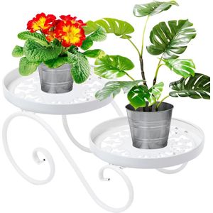 2-traps bloemenstandaard, wit, roestwerende plantenstandaard, plantenrek voor meerdere planten, ronde bloemenbank voor binnen en buiten, bloemenkruk, metaal, wit, plantenkruk voor tuin