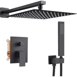 LifeStages® Zwart inbouwdouchesysteem, inbouwdouche-armatuurset, regendoucheset inclusief douchekop, handdouche, douchearmatuurset, douchesysteem, regendouche, douchekop 2 functies