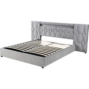 Merax Elegant Boxspringbed 180x200 cm – Fluweel gestoffeerd Bed met LED - USB-poorten en Hydraulisch Opslagsysteem - Bedframe met Hoge Rugleuning - Klassiek Grijs