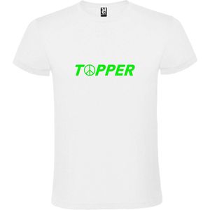 Wit T-Shirt met “ Topper met Vrede's teken “ tekst Neon Groen Size L