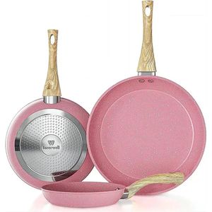 HandyHaven® - Roze pannenset 3 stuks 2 in 1 - Zowel elektrisch als op gas - Koekenpannen - Roze - Lichtgewicht - Anti aanbak laag - Non-stick - Gemakkelijk schoon te maken - Inductie koken - Gas - Elektrisch - Geschikt voor de vaatwasser