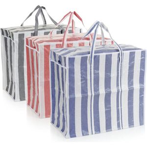 3x boodschappentas Jumbo - plastic tassen gestreept - XL boodschappentassen - strandtassen voor badspullen - boodschappentas voor boodschappen (rood/blauw/antraciet)
