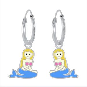 Oorbellen meisje | Zilveren kinderoorbellen | Zilveren oorringen met hanger, zeemeermin met blauwe staart