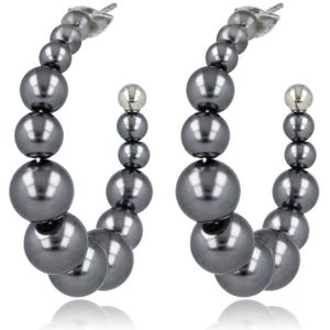 *30 mm grote zwarte pareloorbellen - edelstaal - Elegante open oorring in het zilver met zwarte parels - Met luxe cadeauverpakking