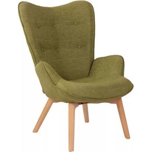 In And OutdoorMatch Luxe loungestoel Trisha - Eetkamerstoel - Groene stof - Houten poten - Set van 1 - Zithoogte 49 cm - Deluxe