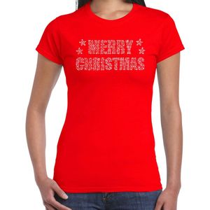 Glitter kerst t-shirt rood Merry Christmas glitter steentjes/ rhinestones voor dames - Glitter kerst shirt/ outfit S